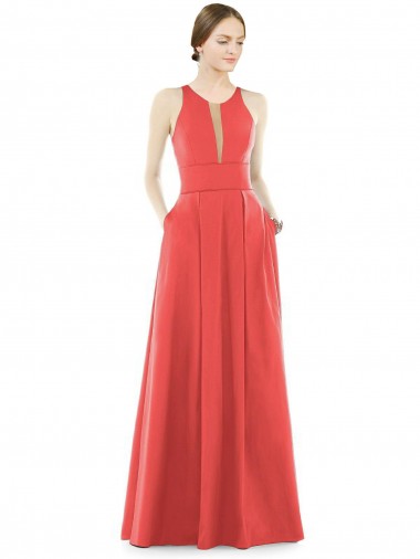 Cheap Sheer V-Neck Tulle Illusion Long Satin Bridesmaid Dress