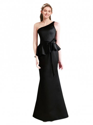 Cheap Long One Shoulder Satin Bridesmaid Dress with Bow Ties