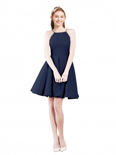 Cheap Halter Neck Short Knee Length Satin Bridesmaid Dress