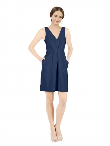 Cheap Deep V-Neck Short Knee Length Satin Bridesmaid Dress with Slimming Pleats