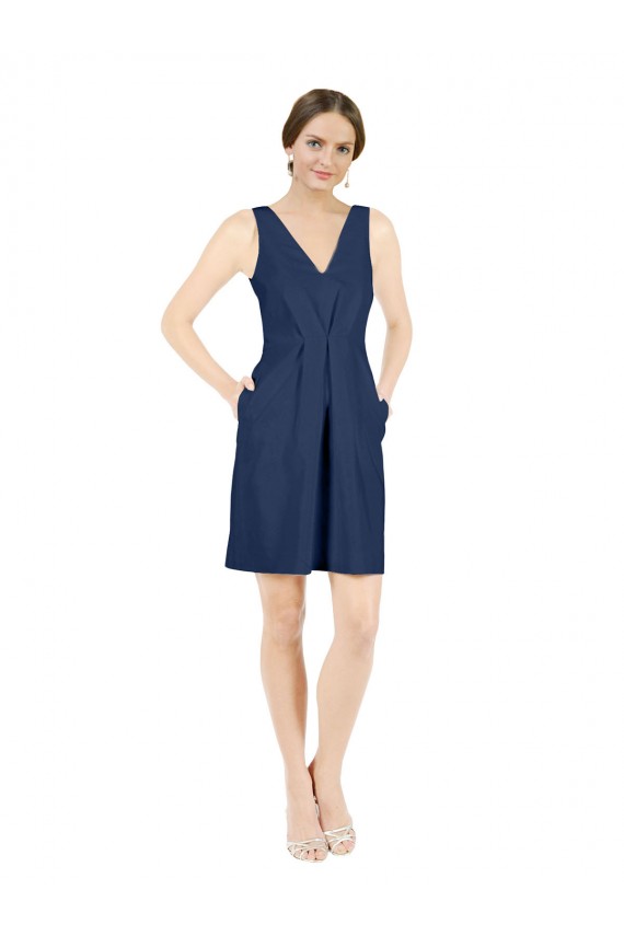 Deep V-Neck Short Knee Length Satin Bridesmaid Dress with Slimming Pleats