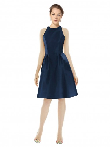 Cheap Short Halter Cocktail Length Luxe Satin Bridesmaid Dress