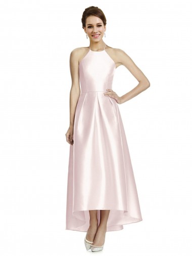 Cheap Long High-Low Halter Satin Bridesmaid Dress with Criss-Cross Back