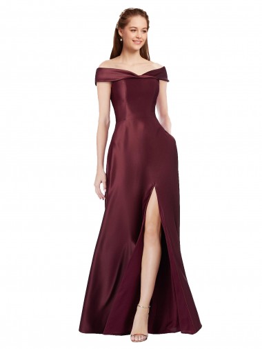 Cheap Long Off the Shoulder Satin Bridesmaid Dress with Thigh-high Slit