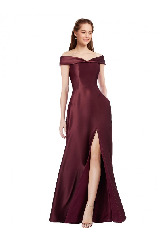 Long Off the Shoulder Satin Bridesmaid Dress with Thigh-high Slit