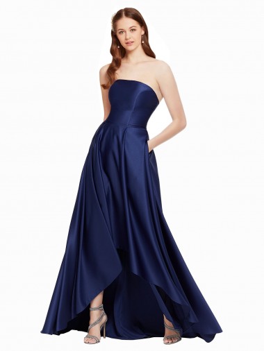 Cheap High Low Strapless Satin Bridesmaid Dress with Pockets