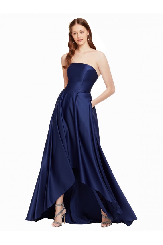 High Low Strapless Satin Bridesmaid Dress with Pockets