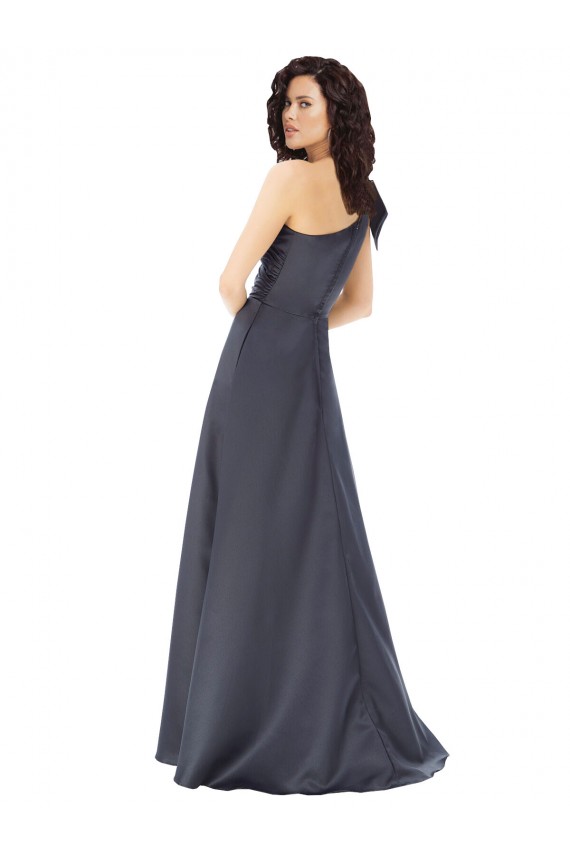 Rouched One Shoulder Floor Length Satin Bridesmaid Dress with Bow