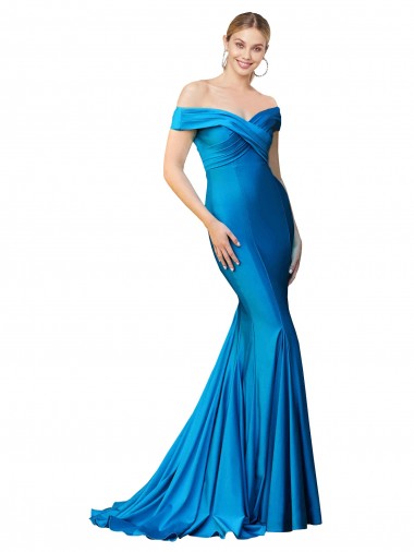 Cheap Off the Shoulder Long Chapel Train Luxe Satin Bridesmaid Dress
