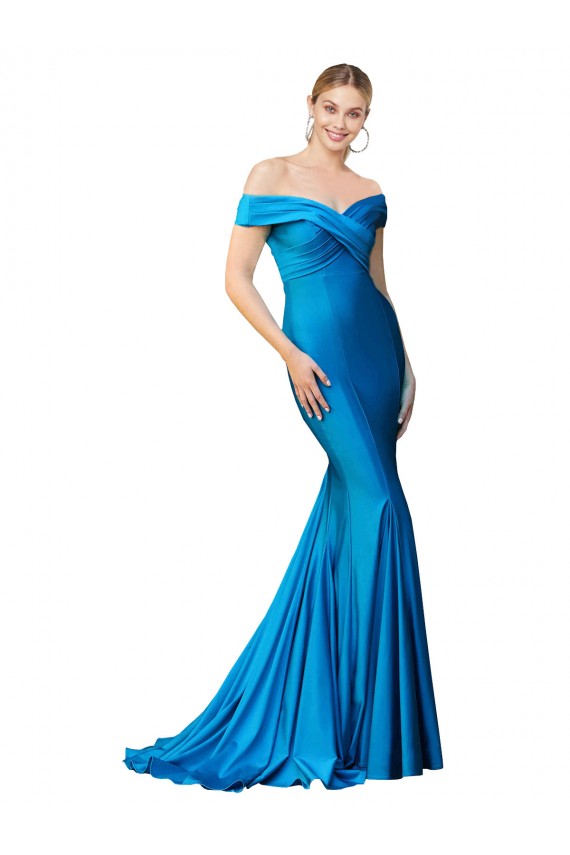 Off the Shoulder Long Chapel Train Luxe Satin Bridesmaid Dress