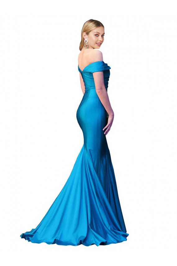 Off the Shoulder Long Chapel Train Luxe Satin Bridesmaid Dress