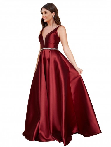 Cheap Sleeveless Deep V-Neck A-Line Satin Bridesmaid Dress with Pockets