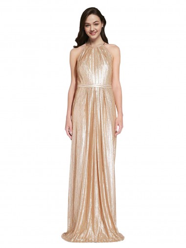 Cheap Floor Length Halter Neck Sparkling Sequin Bridesmaid Dress with Pleats