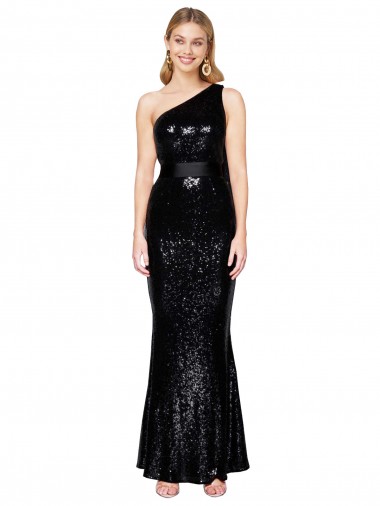 Cheap Draped One Shoulder Long Full Length Sequin Bridesmaid Dress