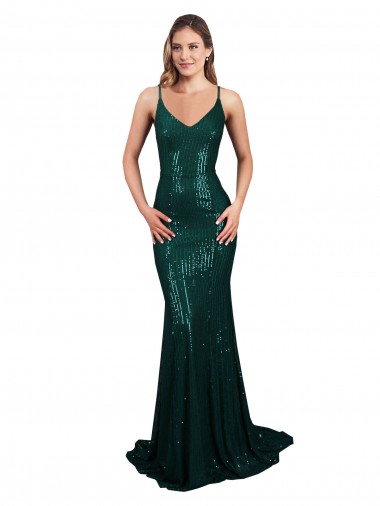 Cheap Fishtail Shaped V-Neck Open Back Long Sequin Bridesmaid Dress
