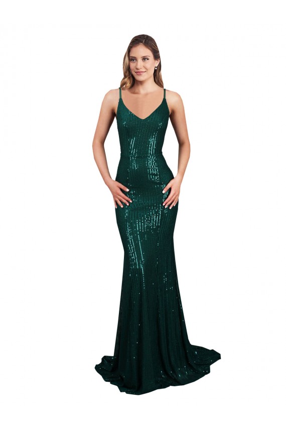 Fishtail Shaped V-Neck Open Back Long Sequin Bridesmaid Dress