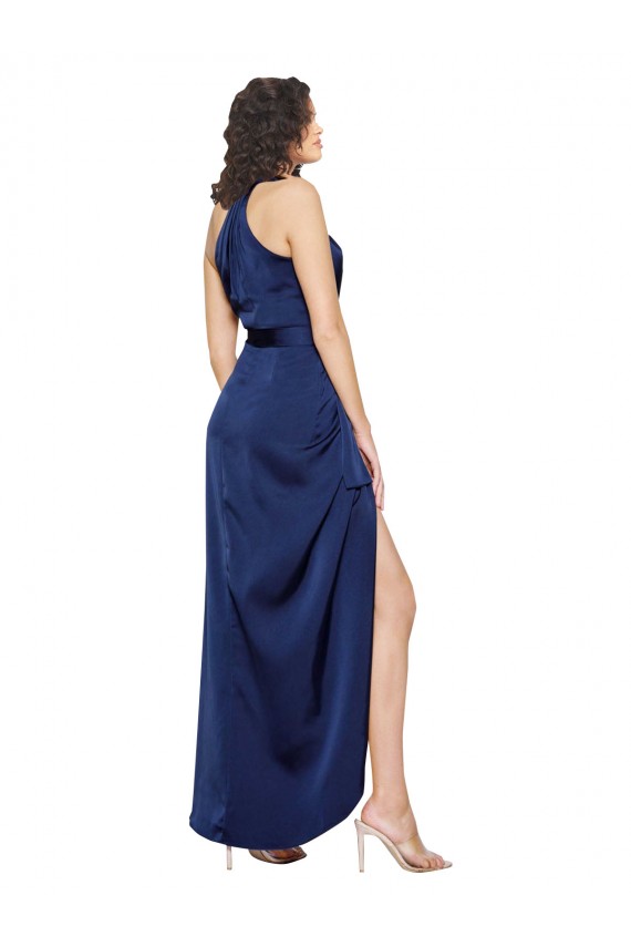 Full Length High Neck Wrap Silky Satin Bridesmaid Dress with Waist Tie