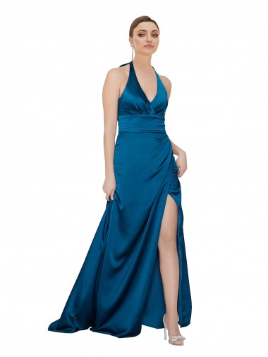 Cheap Halter Neck Silky Satin Bridesmaid Dress
