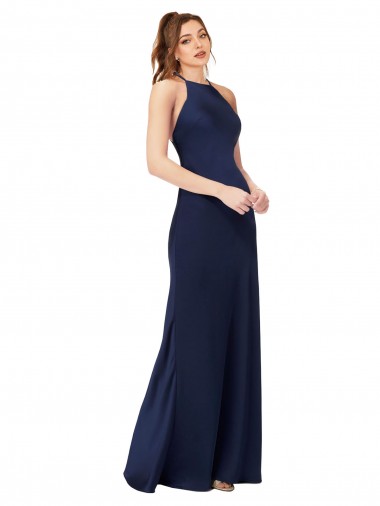 Cheap High Neck Satin Bridesmaid Dress with Strappy Back