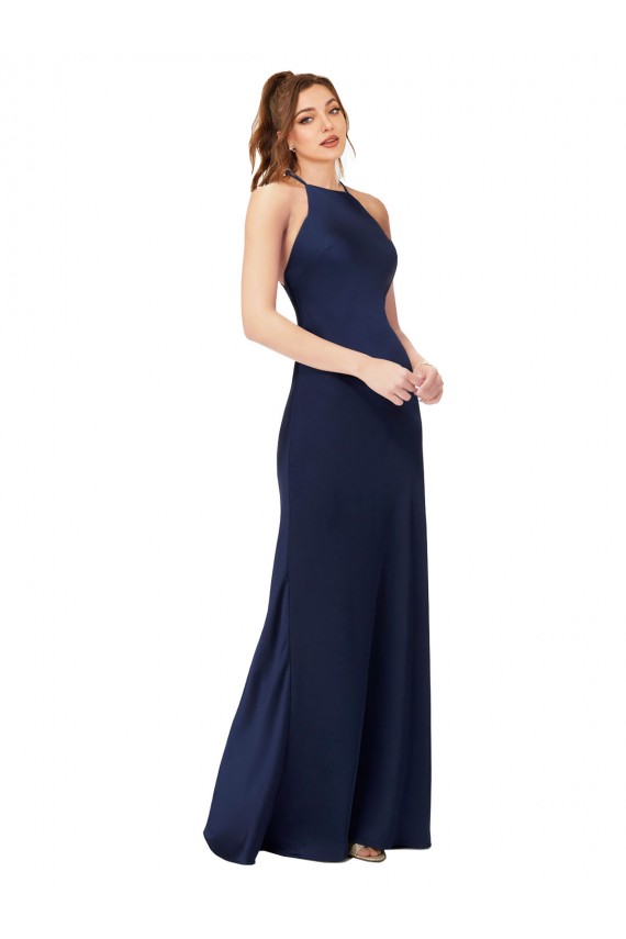 High Neck Satin Bridesmaid Dress with Strappy Back