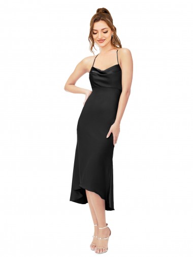 Cheap High Low Midi Silky Satin Cowl Neck Bridesmaid Dress
