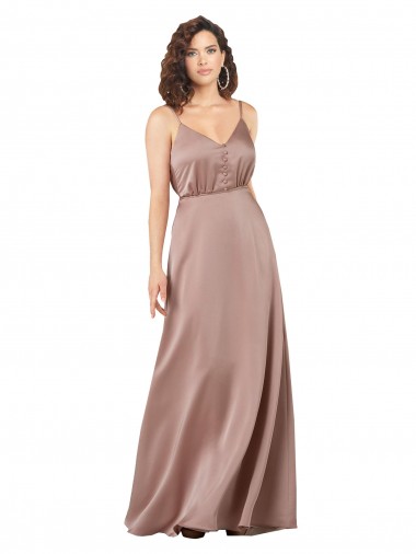 Cheap Subtle V-Neckline Silky Satin Bridesmaid Dress with Front Button Detail