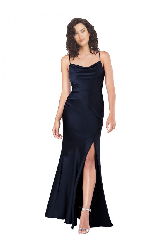 Draped Cowl Neck Silky Satin Bridesmaid Dress with Skirt Slit