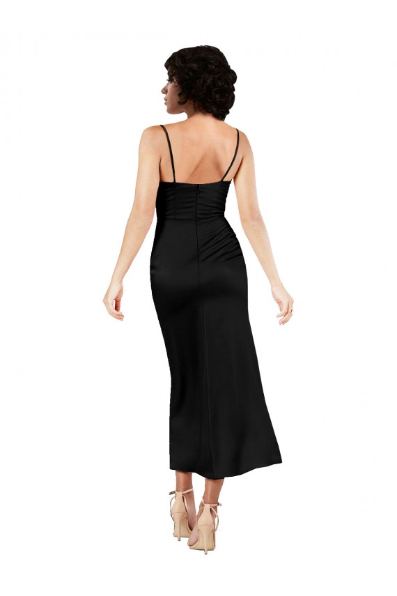 Cowl Neck Tea-Length Short Silky Satin Bridesmaid dress with Skirt Slit
