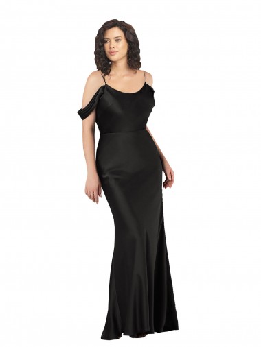 Cheap Off the Shoulder Sleeves Silky Satin Bridesmaid Dress with Skirt Slit