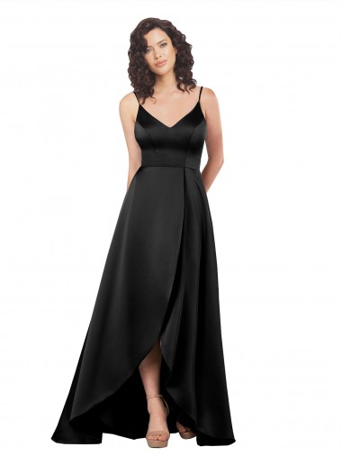 Cheap High Low V-Neckline Silky Satin Tulip Bridesmaid Dress with Wrap Skirt