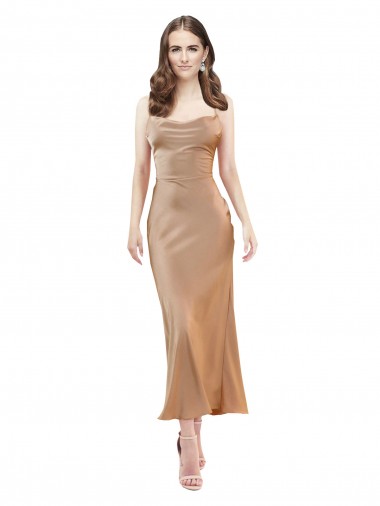 Cheap Cowl Neck Silky Satin Midi Length Bridesmaid Dress Low Back
