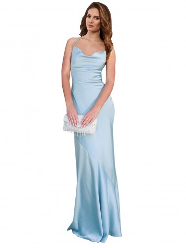 Cheap Open Back with Ties Cowl Neck Sheath Silky Satin Long Bridessmaid Dress
