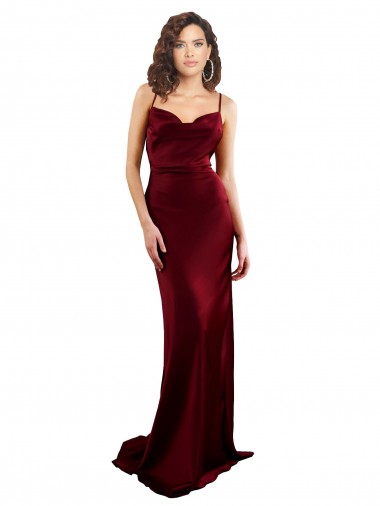 Cheap Cowl Neck Long Criss Cross Open Back Silky Satin Bridesmaid Dress