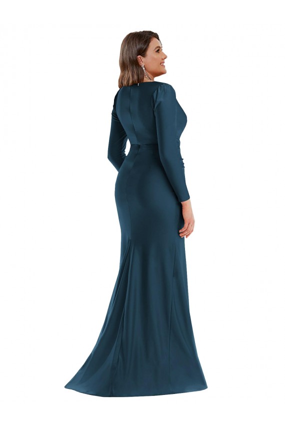 Long Sleeves Draped Wrap Silky Satin Mermaid Bridesmaid Dress with Front Slit