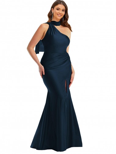 Cheap Scarf Neck One Shoulder Silky Satin Mermaid Bridesmaid Dress with Front Slit