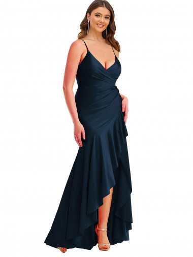 Cheap Pleated Wrap Ruffled High Low Silky Satin Bridesmaid Dress