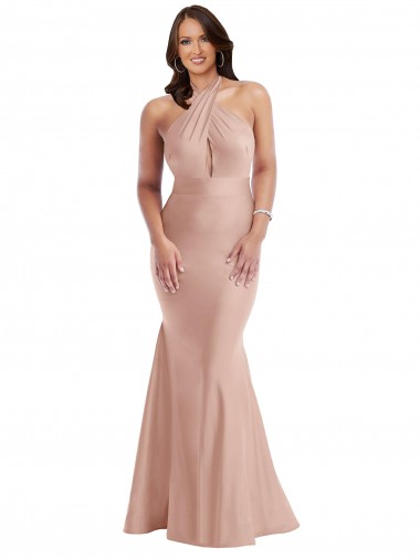 Cheap Criss Cross Halter Open Back Silky Satin Mermaid Bridesmaid Dress
