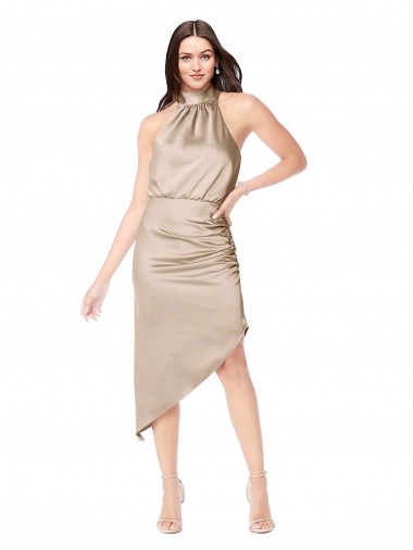 Cheap Silky Satin Bridesmaid Dress with Asymmetric Skirt