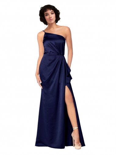 Cheap One Shoulder Silky Satin Bridesmaid Dress with Skirt Slit