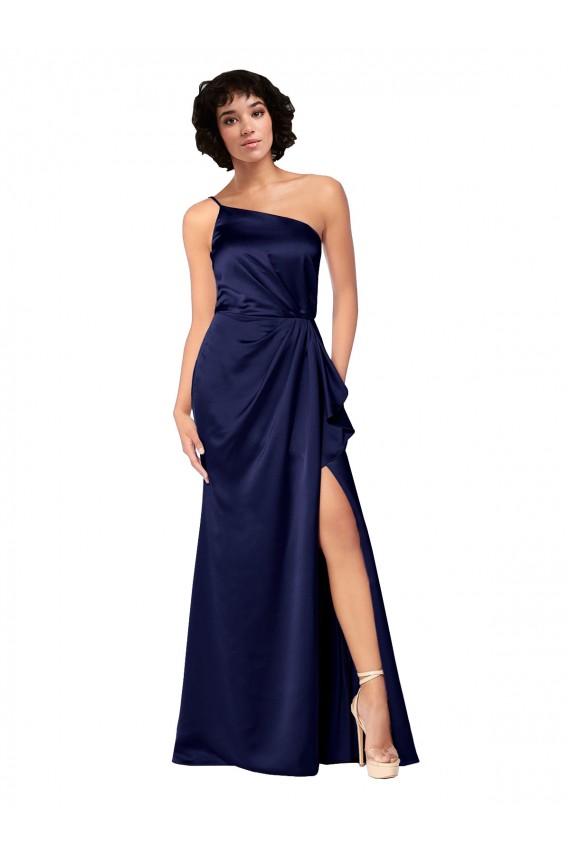 One Shoulder Silky Satin Bridesmaid Dress with Skirt Slit