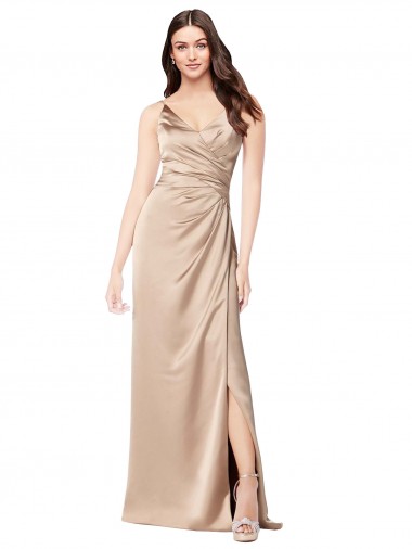 Cheap Silky Satin Bridesmaid Dress with Draped Surplice Bodice