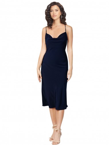 Cheap Short Midi Length Silky Satin Bridesmaid Dress with Cowl Neck and Cross Back Straps