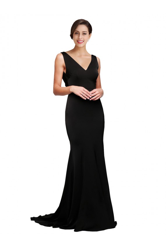 V-Neck Full Length Silky Satin Bridesmaid Dress with Soft Cowl Neck and Sweep Train