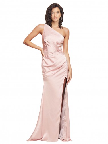Cheap Full Length Ruched Silky Satin Bridesmaid Dress with Low Back and High Split