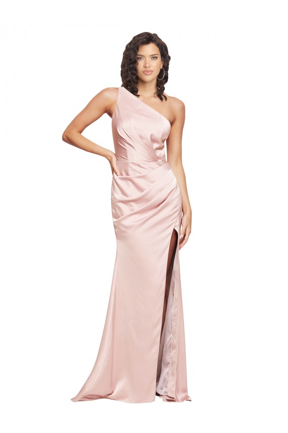Full Length Ruched Silky Satin Bridesmaid Dress with Low Back and High Split