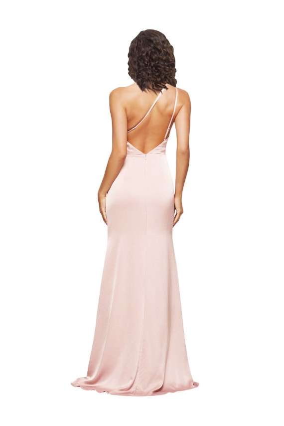 Full Length Ruched Silky Satin Bridesmaid Dress with Low Back and High Split
