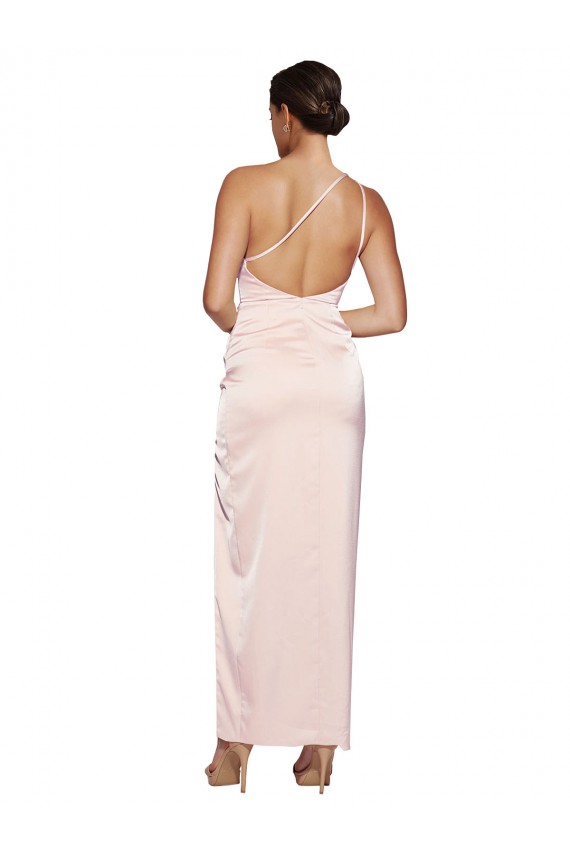 One Shoulder Full Length Long Silky Satin Bridesmaid Dress with Thigh Split
