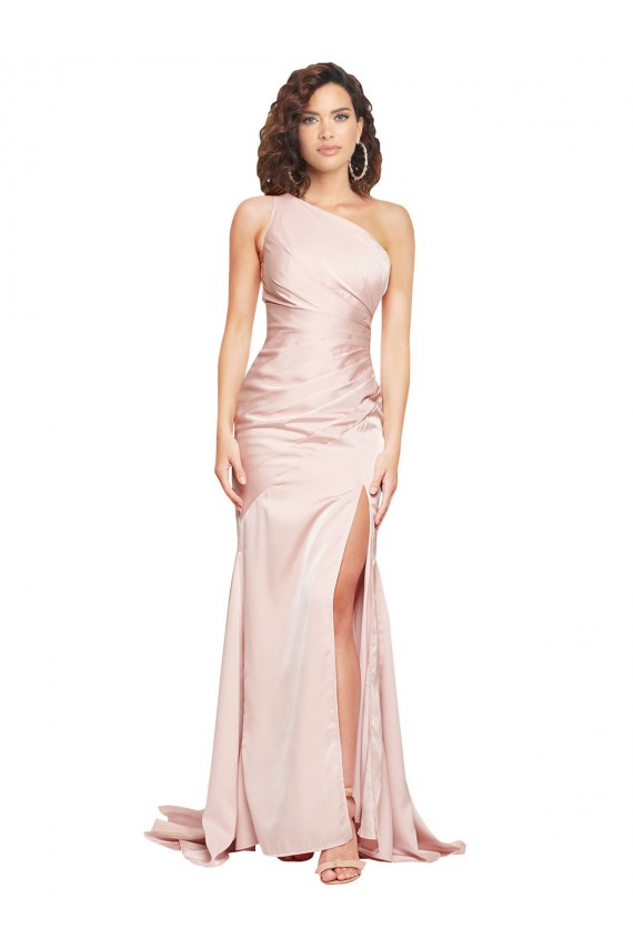 Full Length One Shoulder Long Silky Satin Bridesmaid Dress with High Split