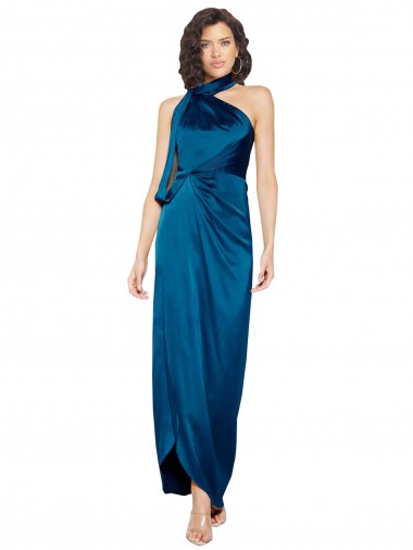 Cheap High Halter Neck Silky Satin Bridesmaid Dress with Sash Overlay and Side Split