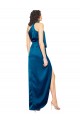 High Halter Neck Silky Satin Bridesmaid Dress with Sash Overlay and Side Split